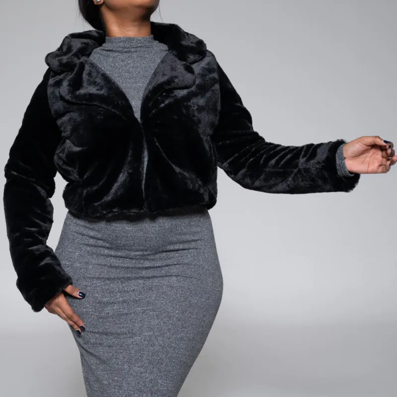 Long Sleeve Black Fur Crop Jacket sold by Fashion World