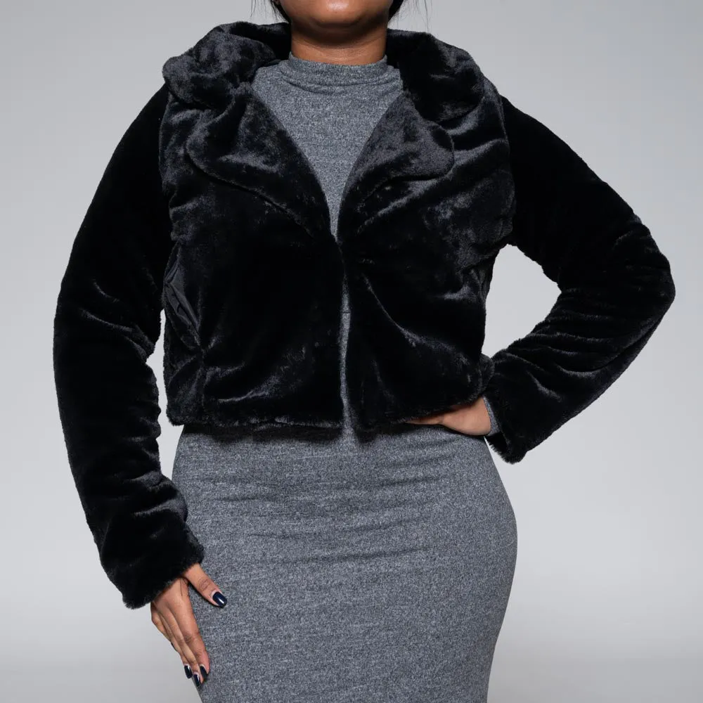 Long Sleeve Black Fur Crop Jacket sold by Fashion World product image thumbnail 2