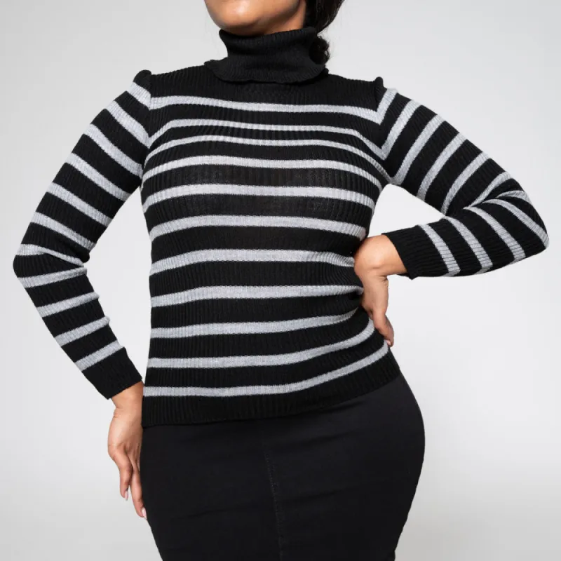 Black/Grey Striped Polo Neck Jumper sold by Fashion World