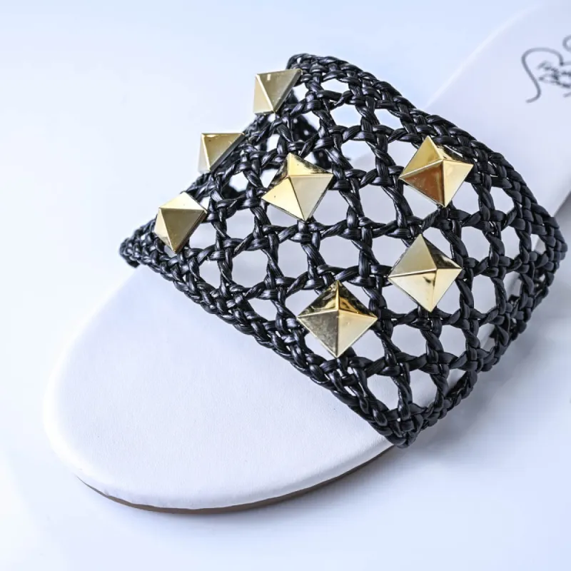 Black Weave Stud Sandals sold by Fashion World