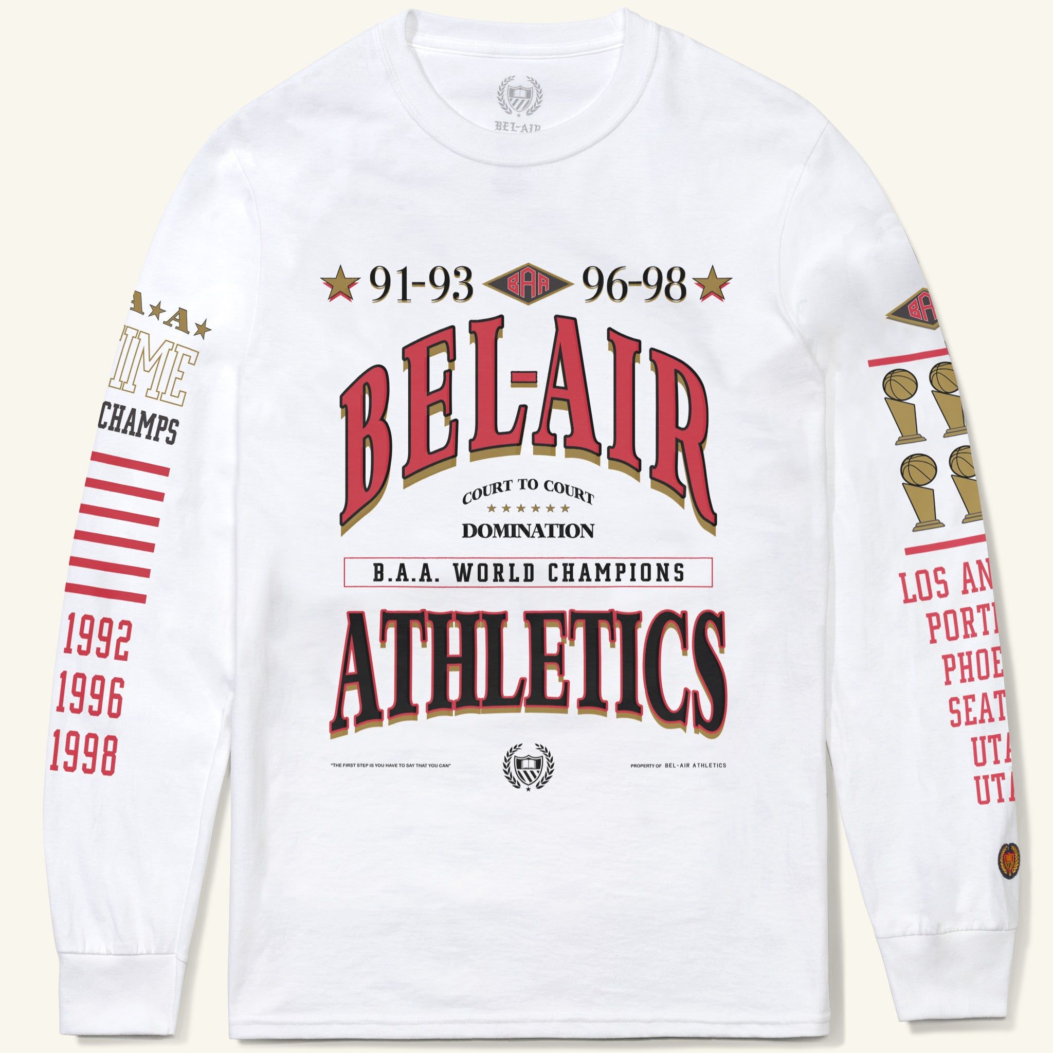 Six-Time Long-Sleeve Tee, White sold by Bel Air Athletics
