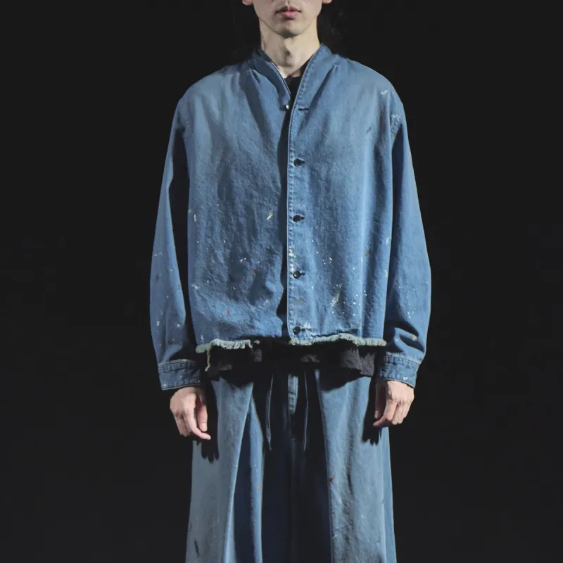 Denim Kimono Collar Cropped Jacket (Paint-Splattered) sold by Kuon