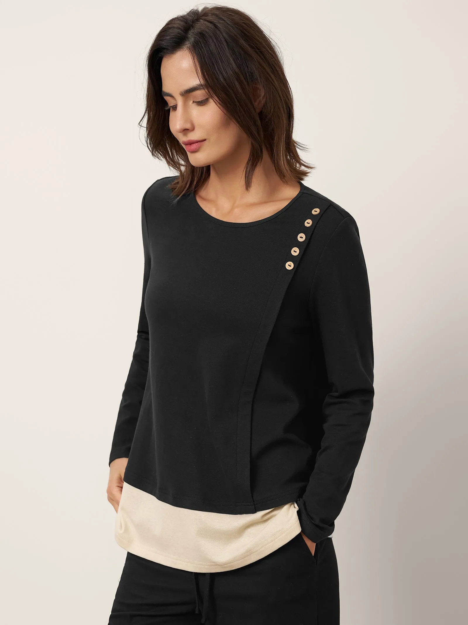 Cotton-Linen Contrast Panel Long Sleeve Top SILVIA sold by Lintico product image thumbnail 3