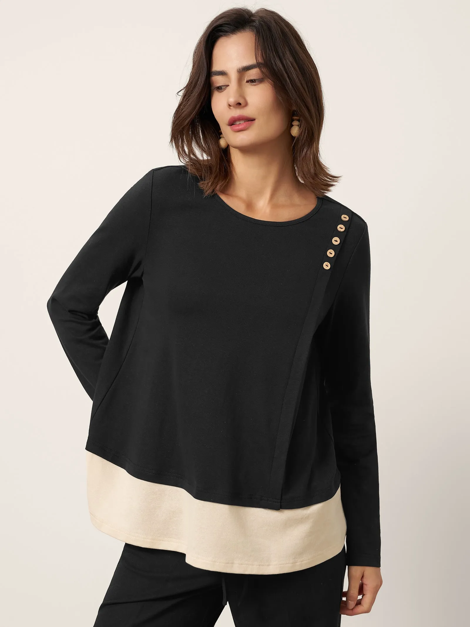 Cotton-Linen Contrast Panel Long Sleeve Top SILVIA sold by Lintico product image thumbnail 2