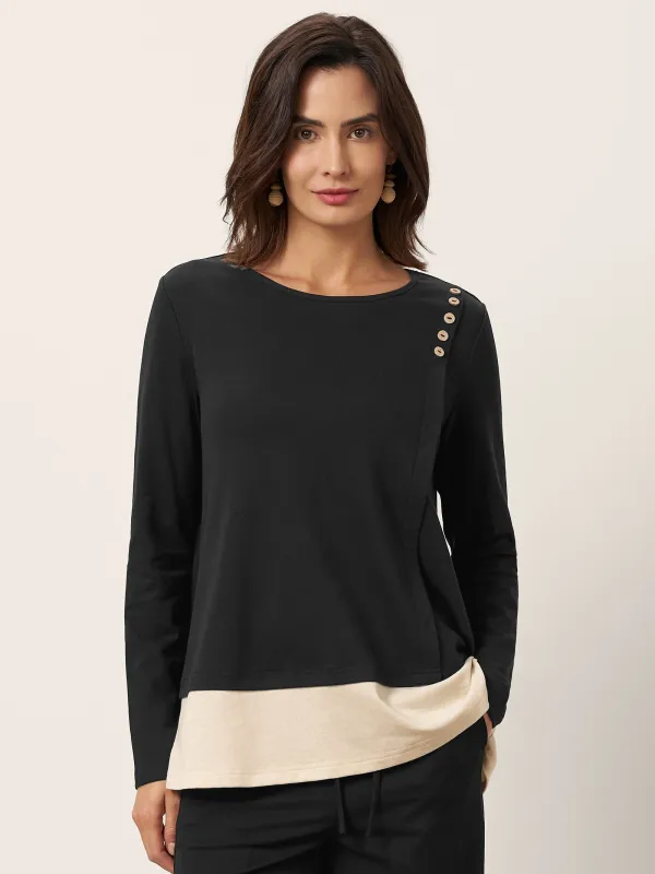 Cotton-Linen Contrast Panel Long Sleeve Top SILVIA sold by Lintico