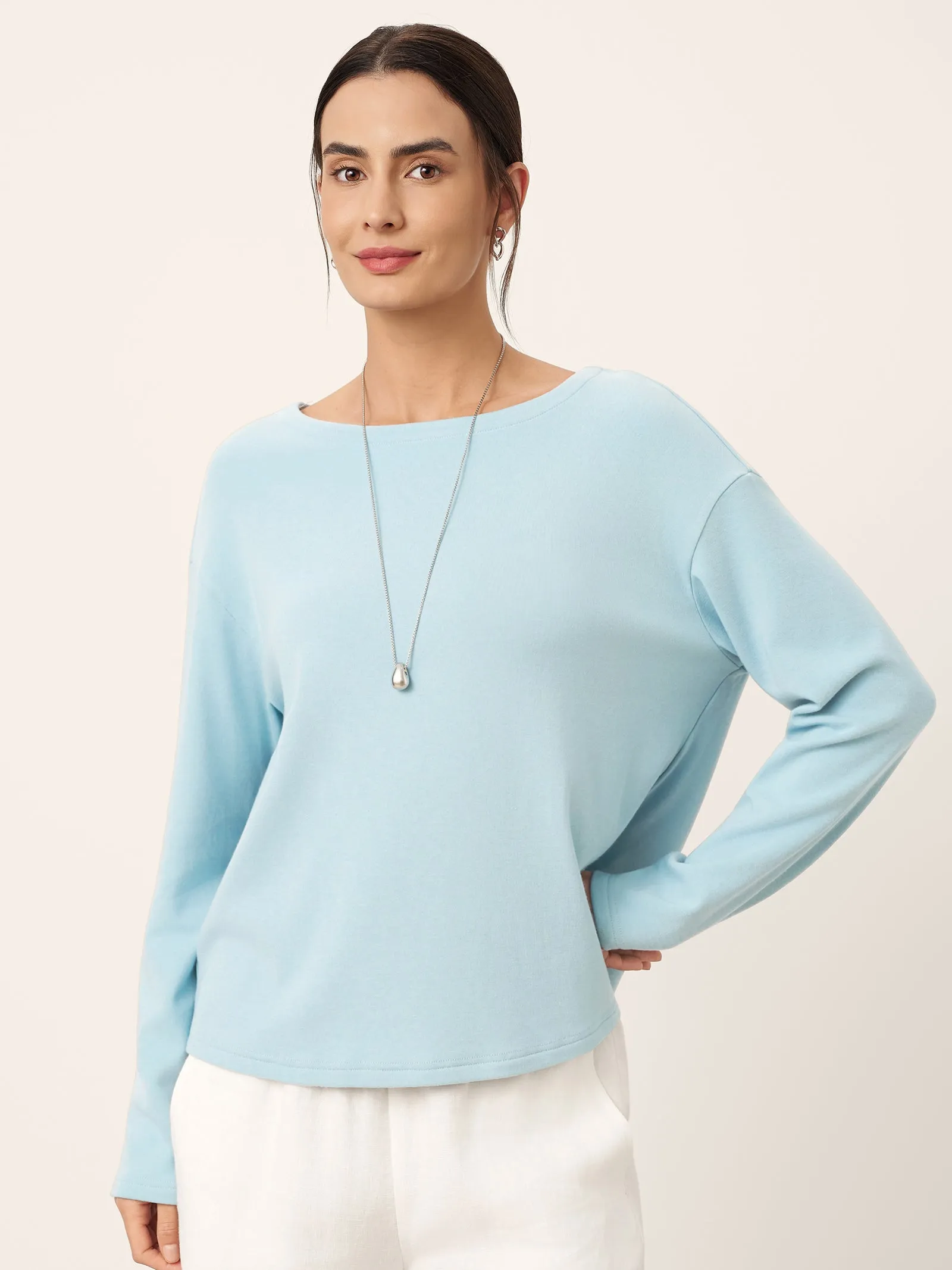 Boat Neck Button Back Long Sleeve Top AIRA sold by Lintico