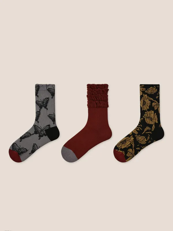 Long-Staple Cotton 3-Pair Floral Embossed Slouch Mid-Calf Sock Set sold by Lintico