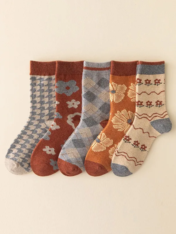 Combed Cotton 5-Pair Jacquard Mid-Calf Sock Set sold by Lintico