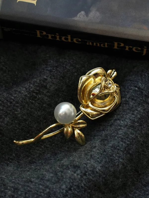 Freshwater Pearl & Alloy Rose Carved Brooch sold by Lintico