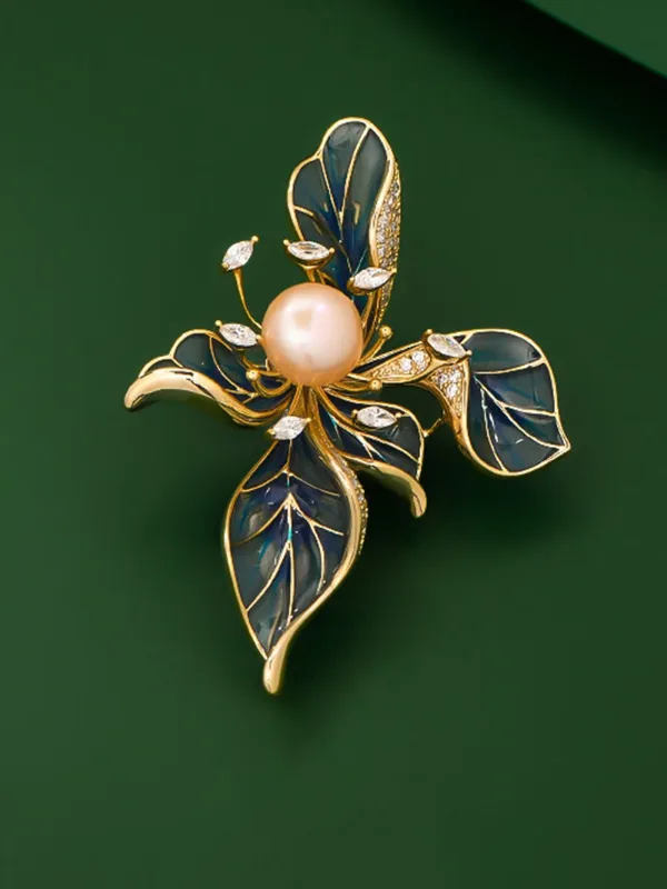Freshwater Pearl, Zircon & Alloy French Iris Brooch sold by Lintico