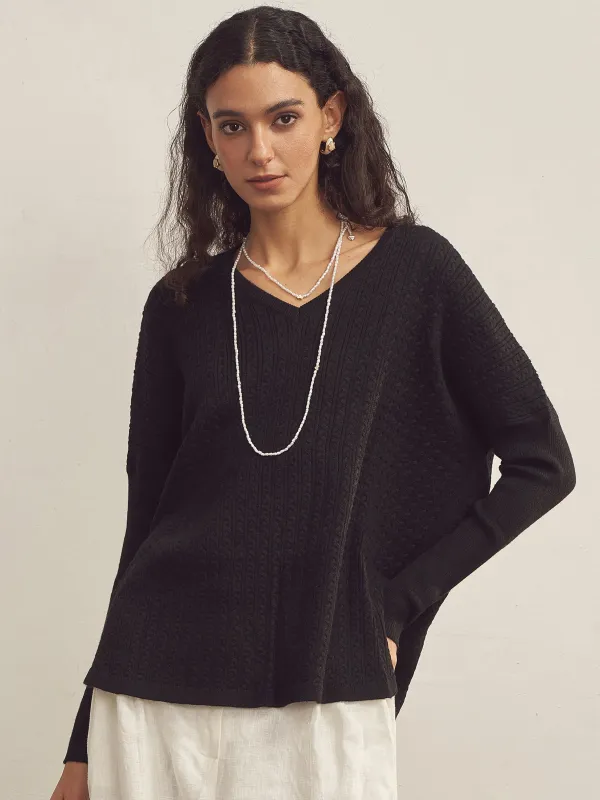 Cashmere V-Neck Textured Oversized Sweater With Asymmetrical Structural Design sold by Lintico