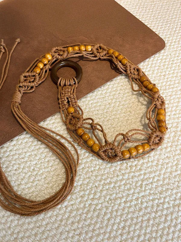 Bohemian Hand-Woven Waxed Cord Waist Rope With Wood Beads sold by Lintico