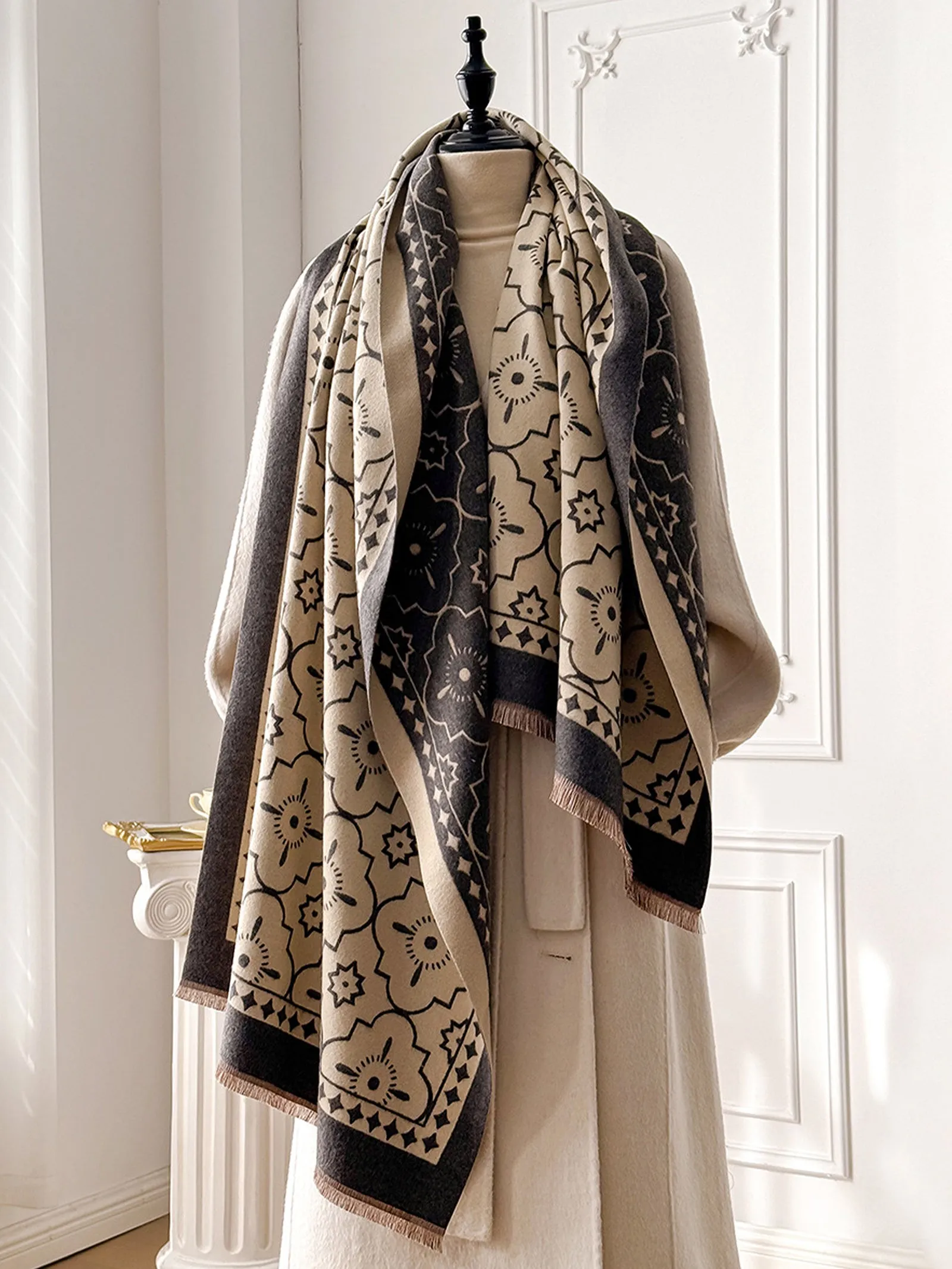 Double-Sided Floral-Jacquard Fringed Scarf sold by Lintico