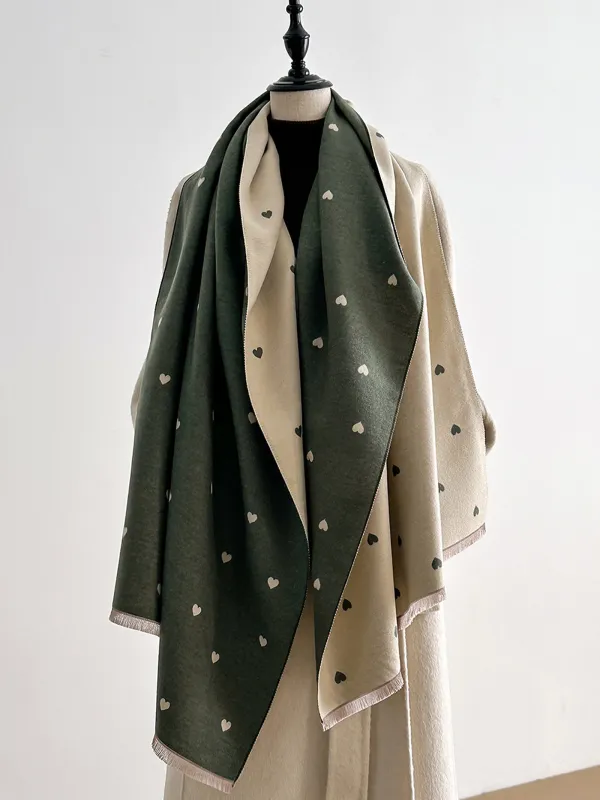 Double-Sided Heart-Jacquard Fringed Scarf sold by Lintico