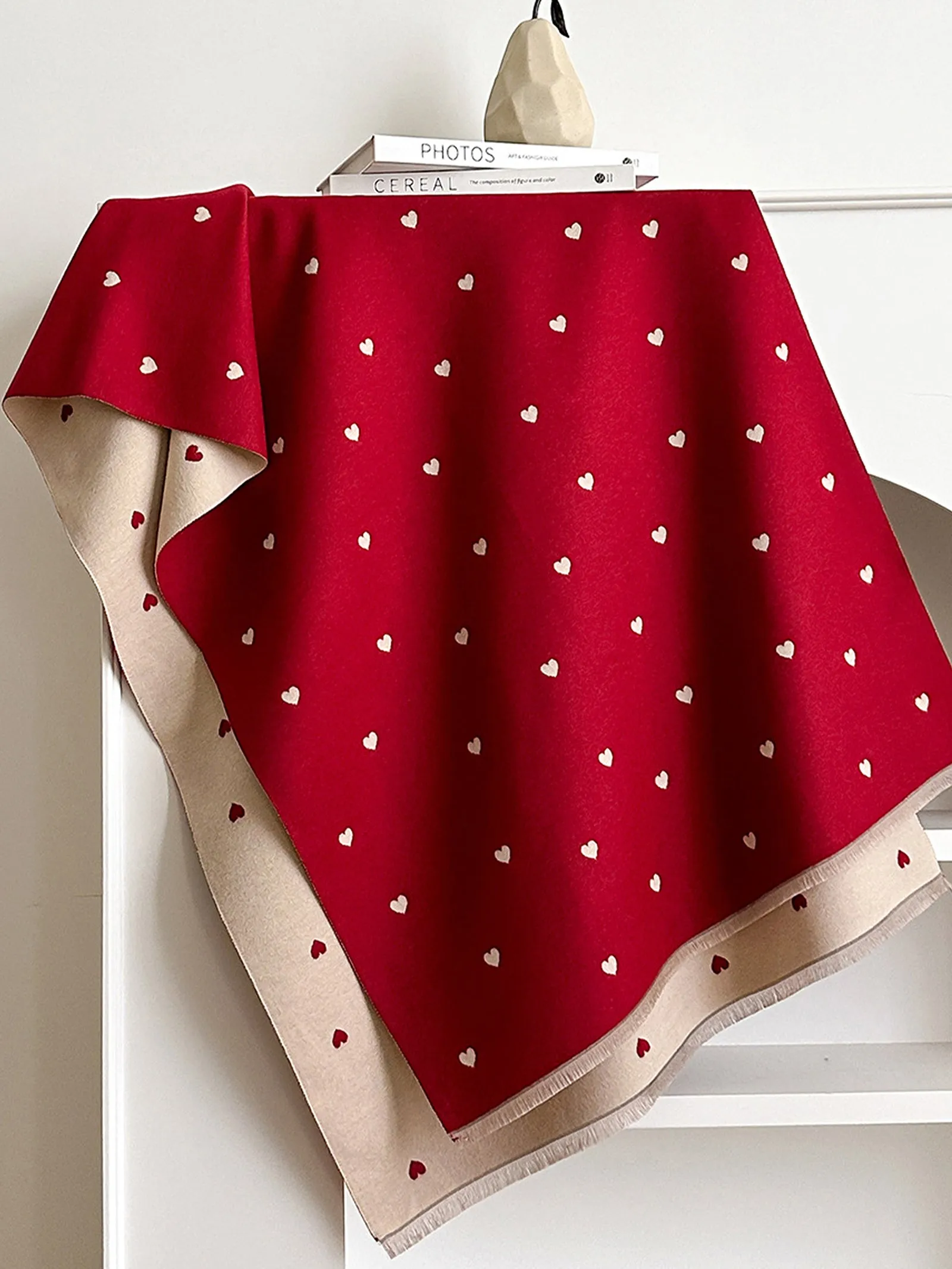 Double-Sided Heart-Jacquard Fringed Scarf sold by Lintico product image thumbnail 4