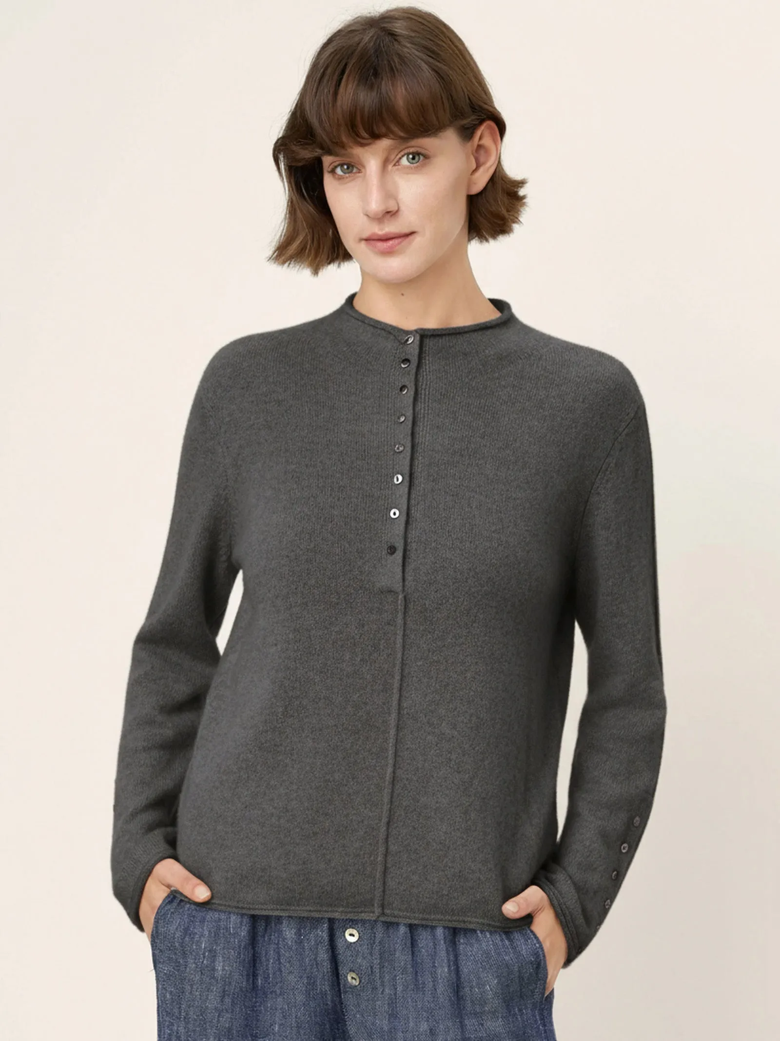 Mongolian Cashmere and Mulberry Silk Henley Knit Top PEARL sold by Lintico product image thumbnail 2