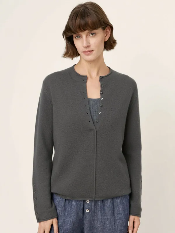 Mongolian Cashmere and Mulberry Silk Henley Knit Top PEARL sold by Lintico