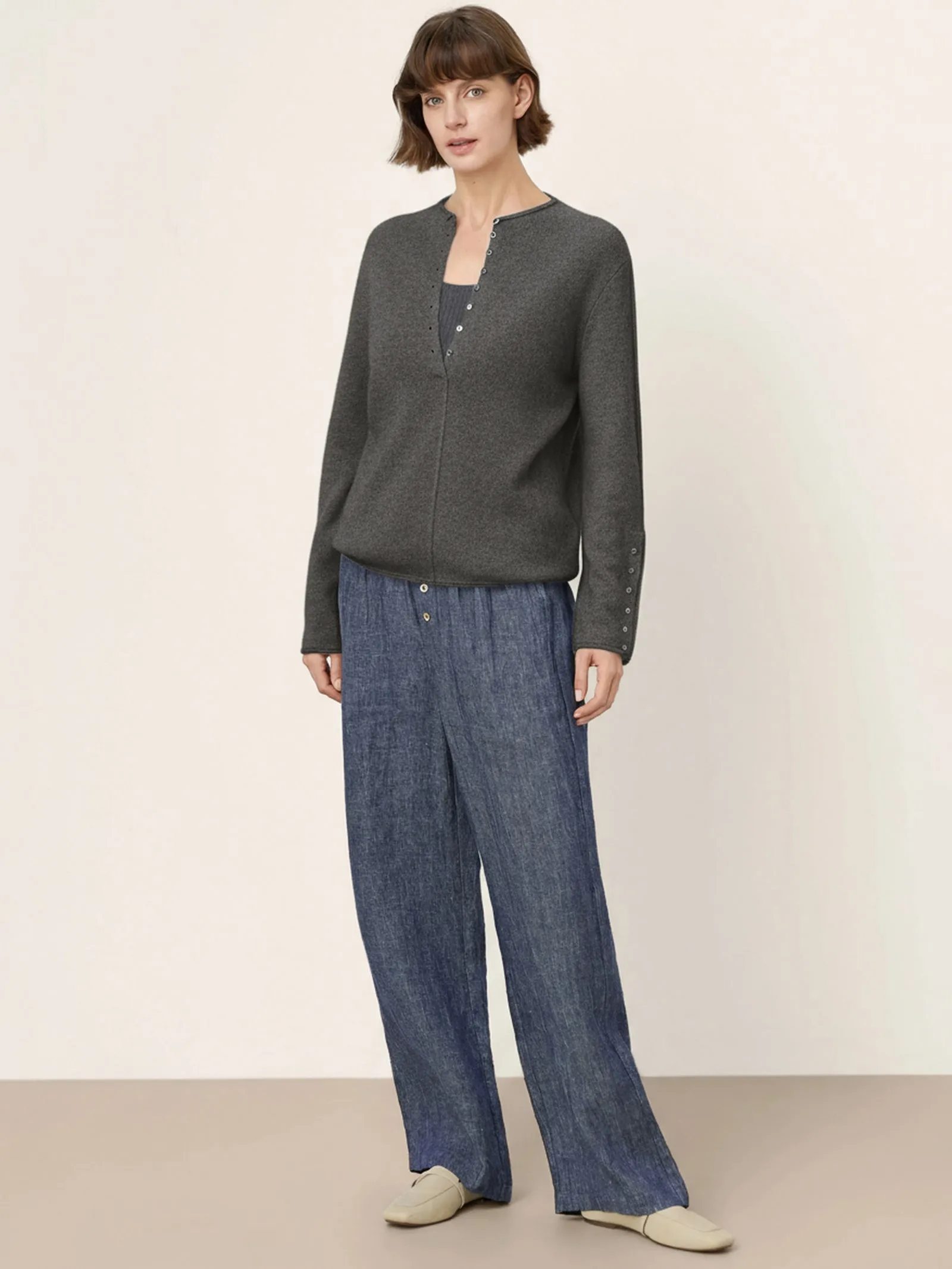 Mongolian Cashmere and Mulberry Silk Henley Knit Top PEARL sold by Lintico product image thumbnail 4