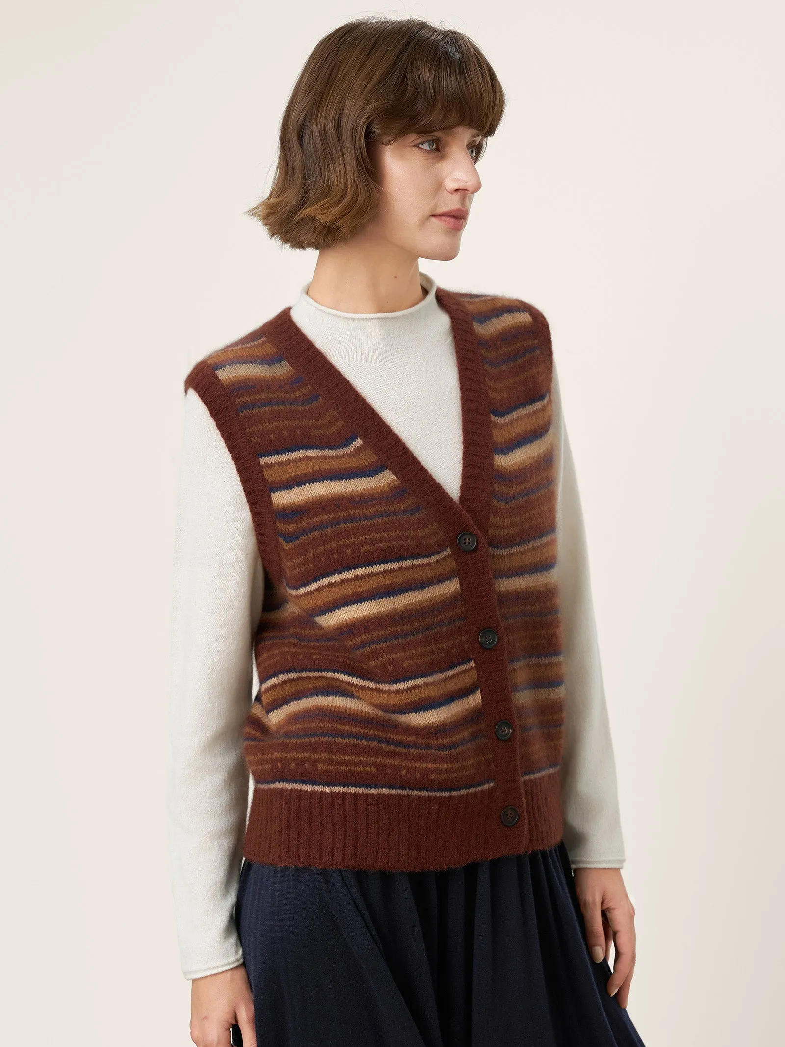 Mongolian Cashmere and Mulberry Silk Colorblock Stripe Button-Front Vest SOPHIE sold by Lintico product image thumbnail 4