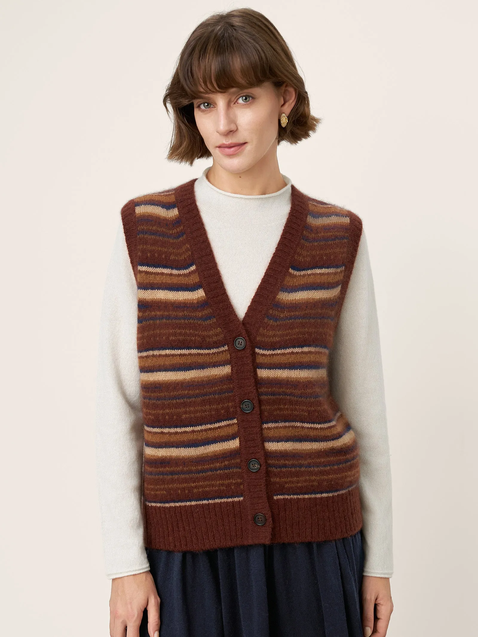 Mongolian Cashmere and Mulberry Silk Colorblock Stripe Button-Front Vest SOPHIE sold by Lintico