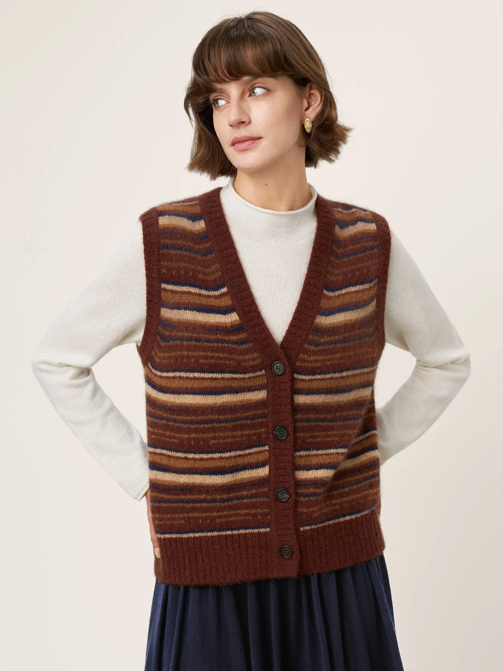 Mongolian Cashmere and Mulberry Silk Colorblock Stripe Button-Front Vest SOPHIE sold by Lintico product image thumbnail 2
