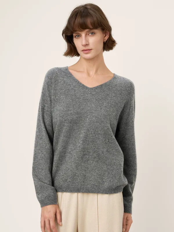 Mongolian Cashmere & Mulberry Silk Seamless Ribbed Trim V-Neck Sweater TESSA made by Lintico