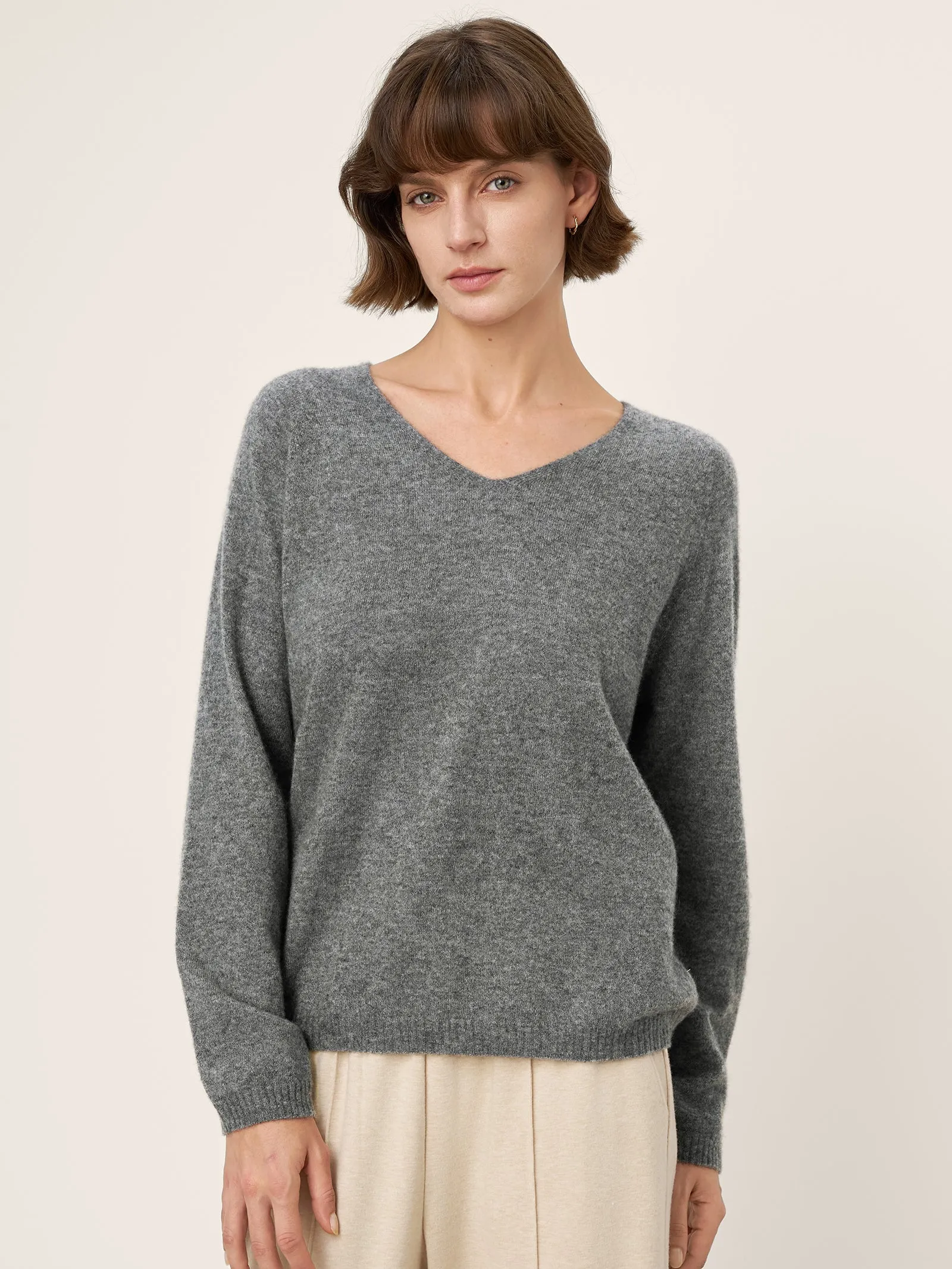 Mongolian Cashmere & Mulberry Silk Seamless Ribbed Trim V-Neck Sweater TESSA sold by Lintico