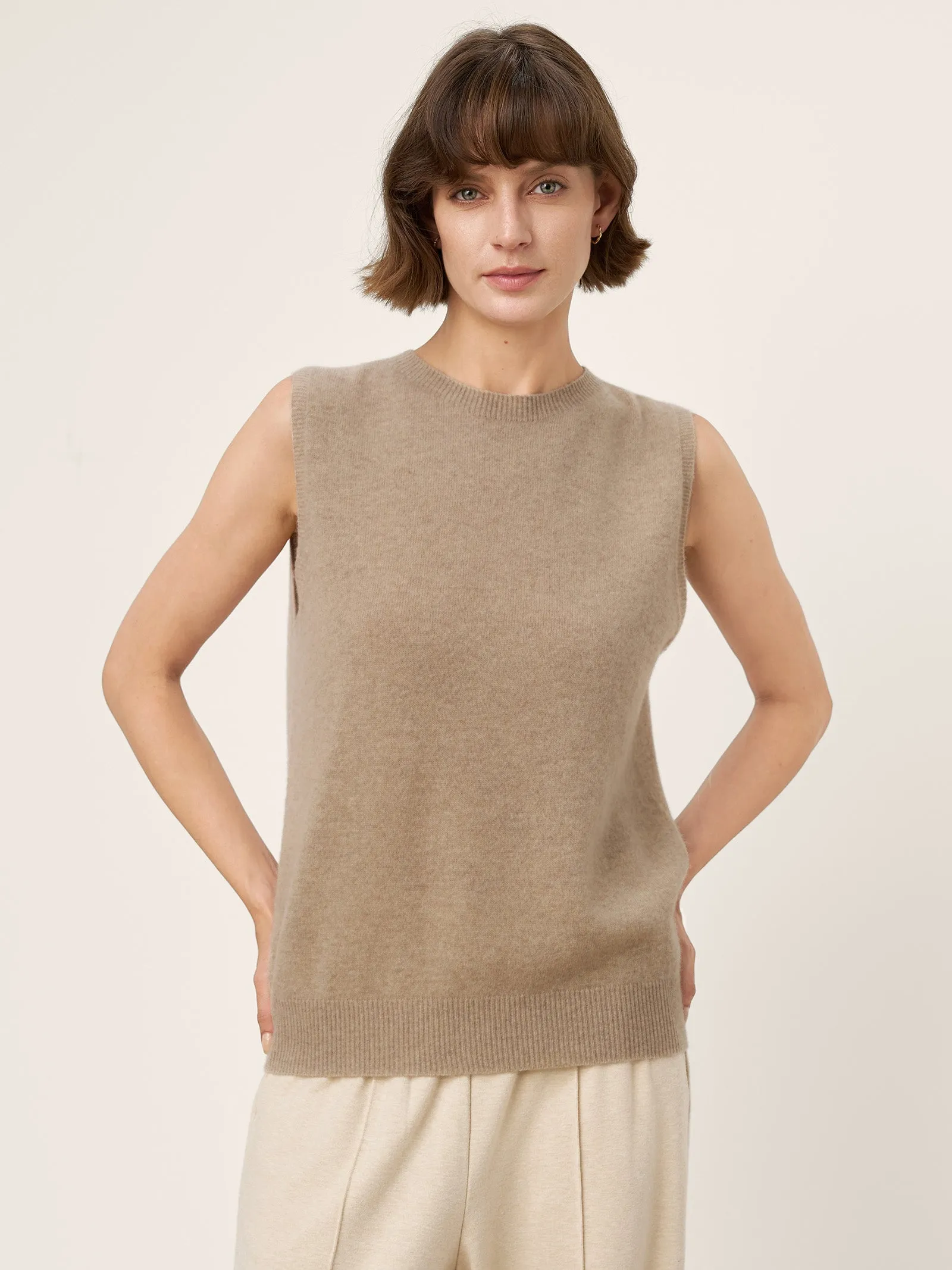 100% Mongolian Cashmere Ribbed Hem Tank Top ELENA sold by Lintico