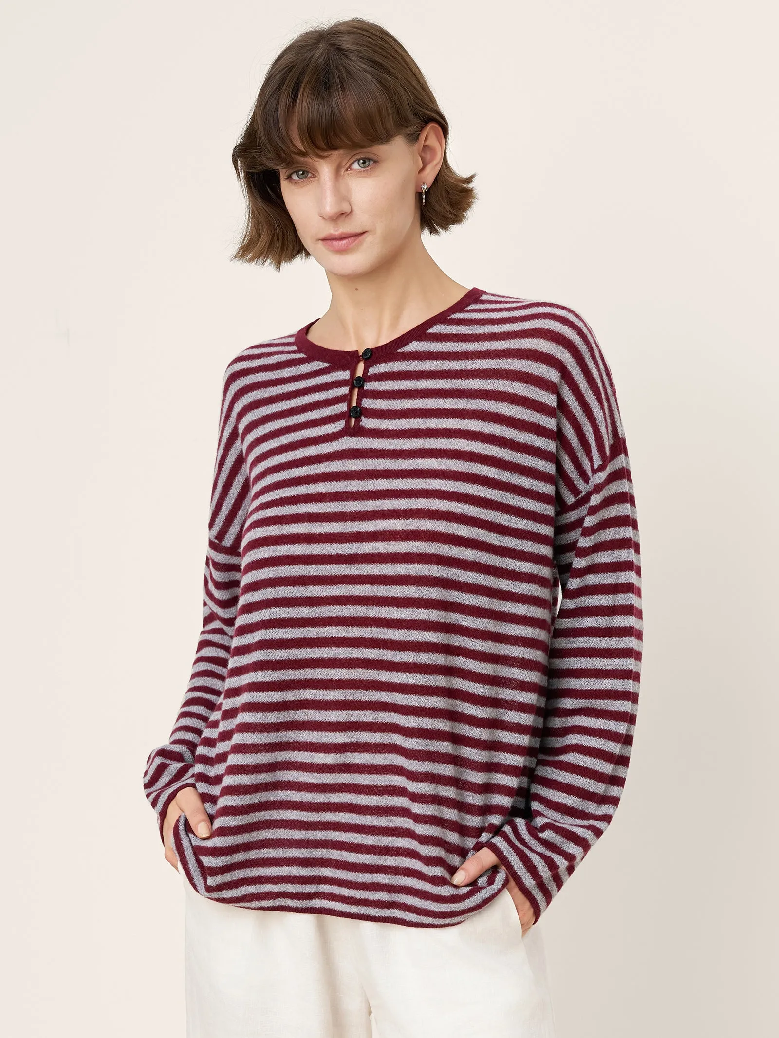 100% Mongolian Cashmere Drop Shoulder Stripe Knit Top RAINA sold by Lintico
