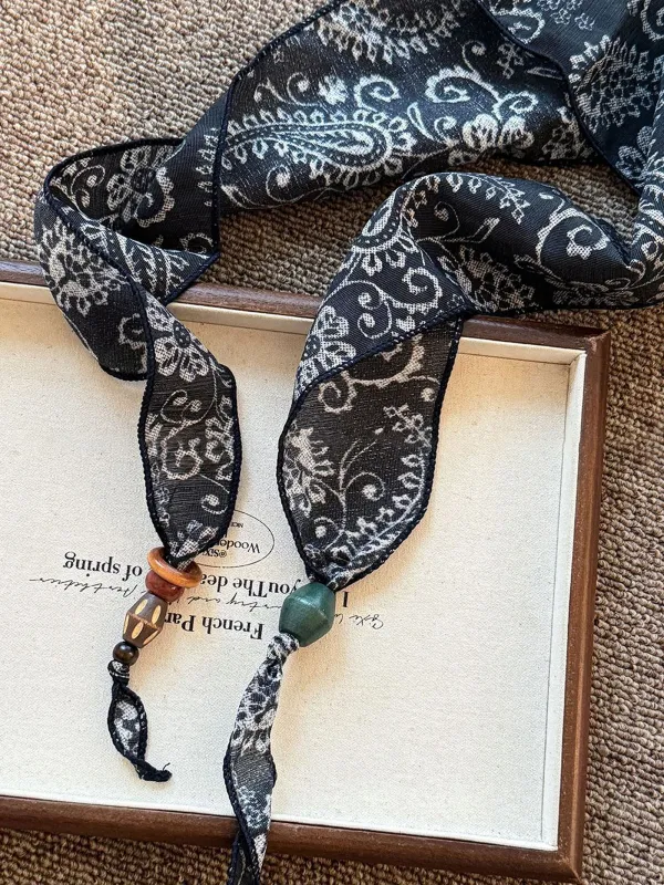 Multi-Functional Floral Satin Scarf With Jade Bead Accents sold by Lintico