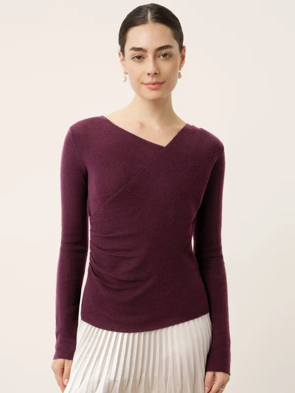 Merino Wool Side-Gathered Crossover V-Neck Top JOVANNA sold by Lintico
