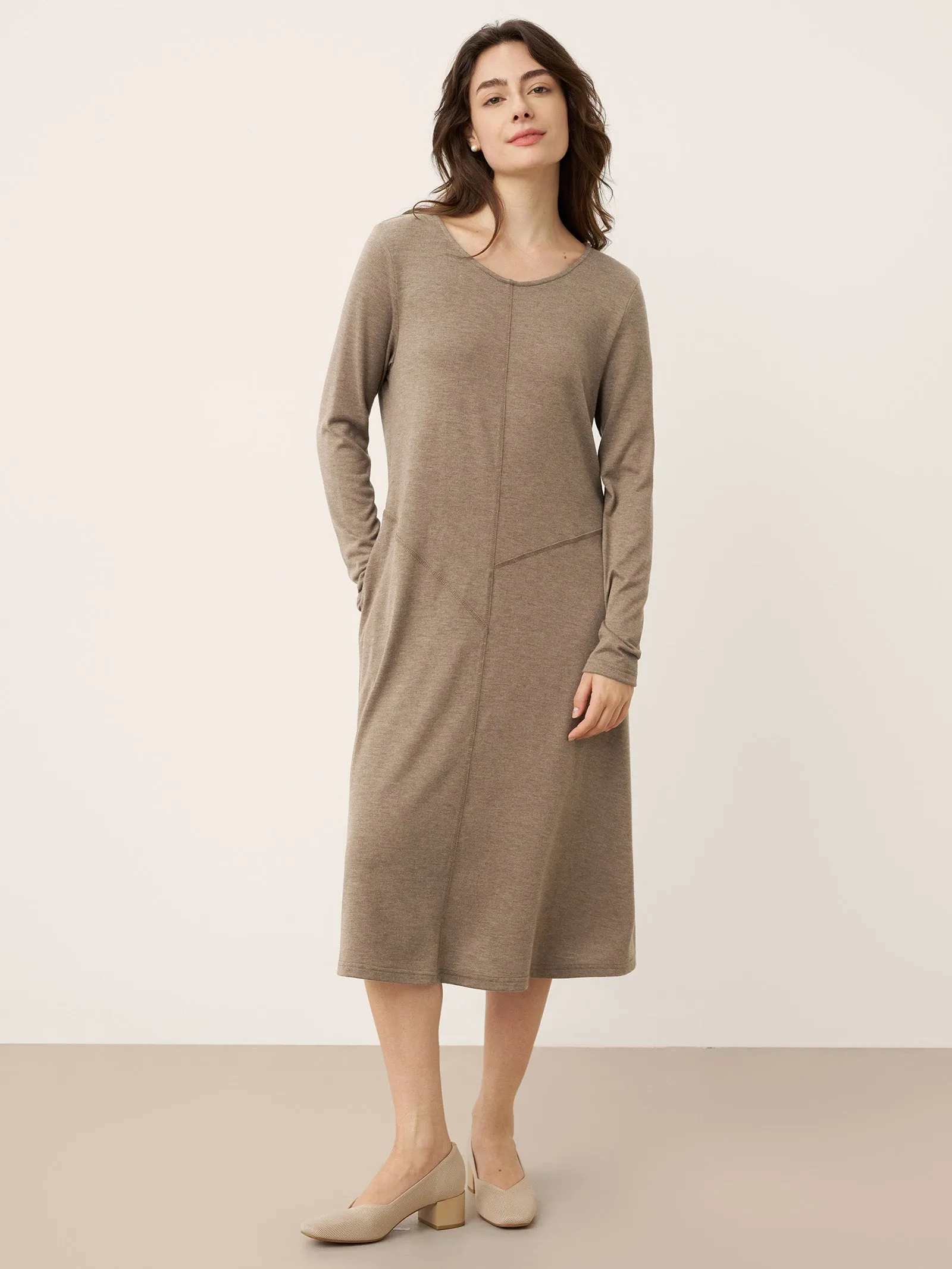 Cashmere Crew Neck Sculpted Seam A-Line Midi Dress HARLOW sold by Lintico
