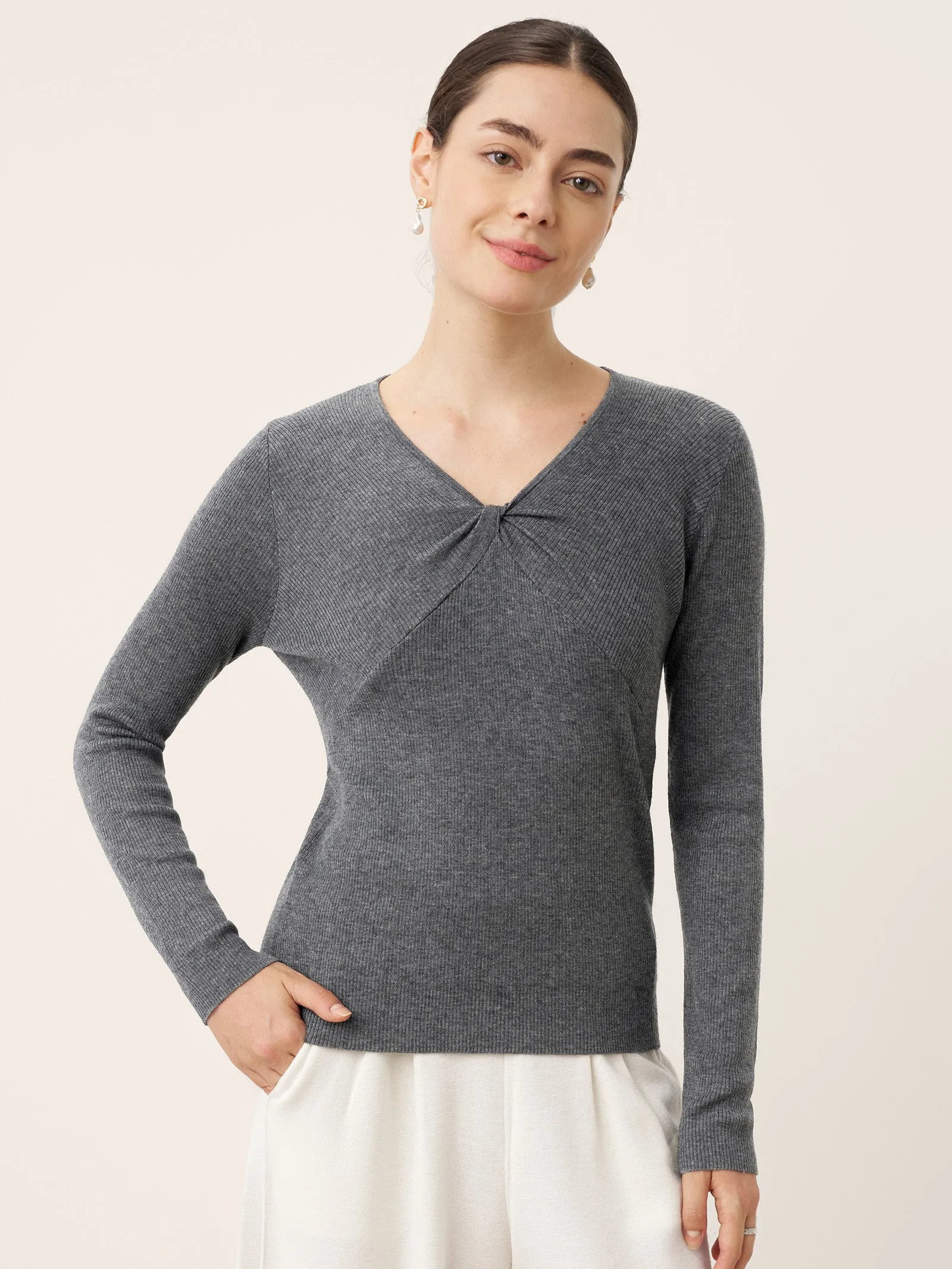 Merino Wool Ruched Panel V-Neck Top RAVEN sold by Lintico product image thumbnail 3