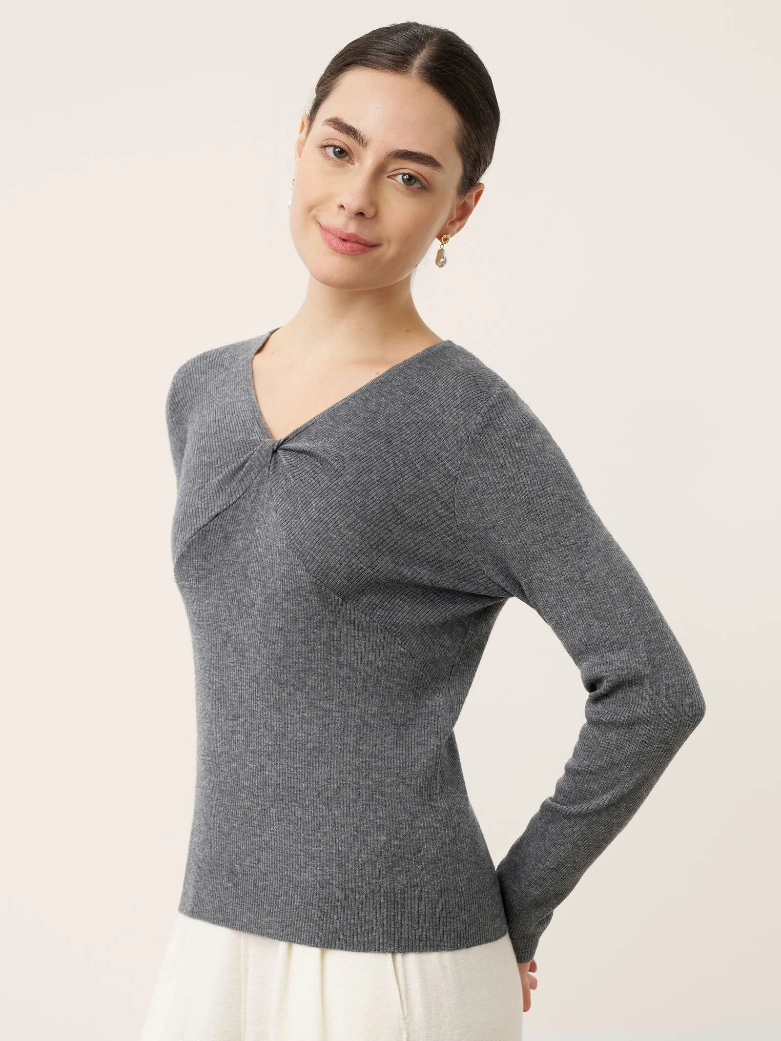 Merino Wool Ruched Panel V-Neck Top RAVEN sold by Lintico product image thumbnail 4
