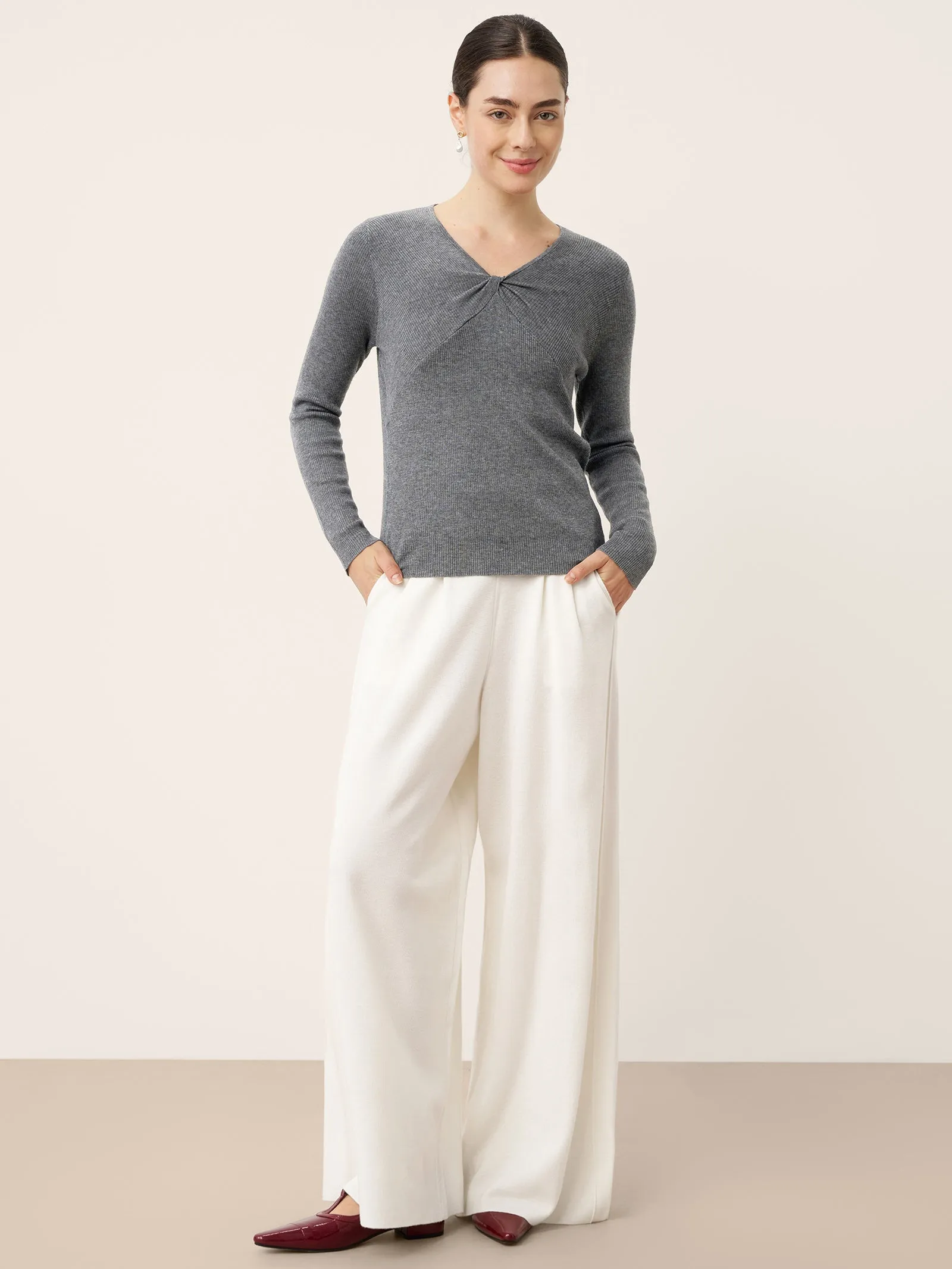 Merino Wool Ruched Panel V-Neck Top RAVEN sold by Lintico product image thumbnail 5