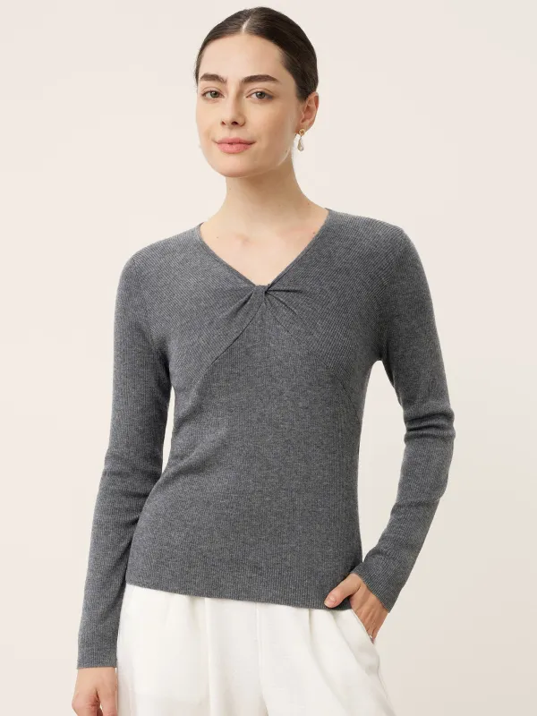 Merino Wool Ruched Panel V-Neck Top RAVEN sold by Lintico
