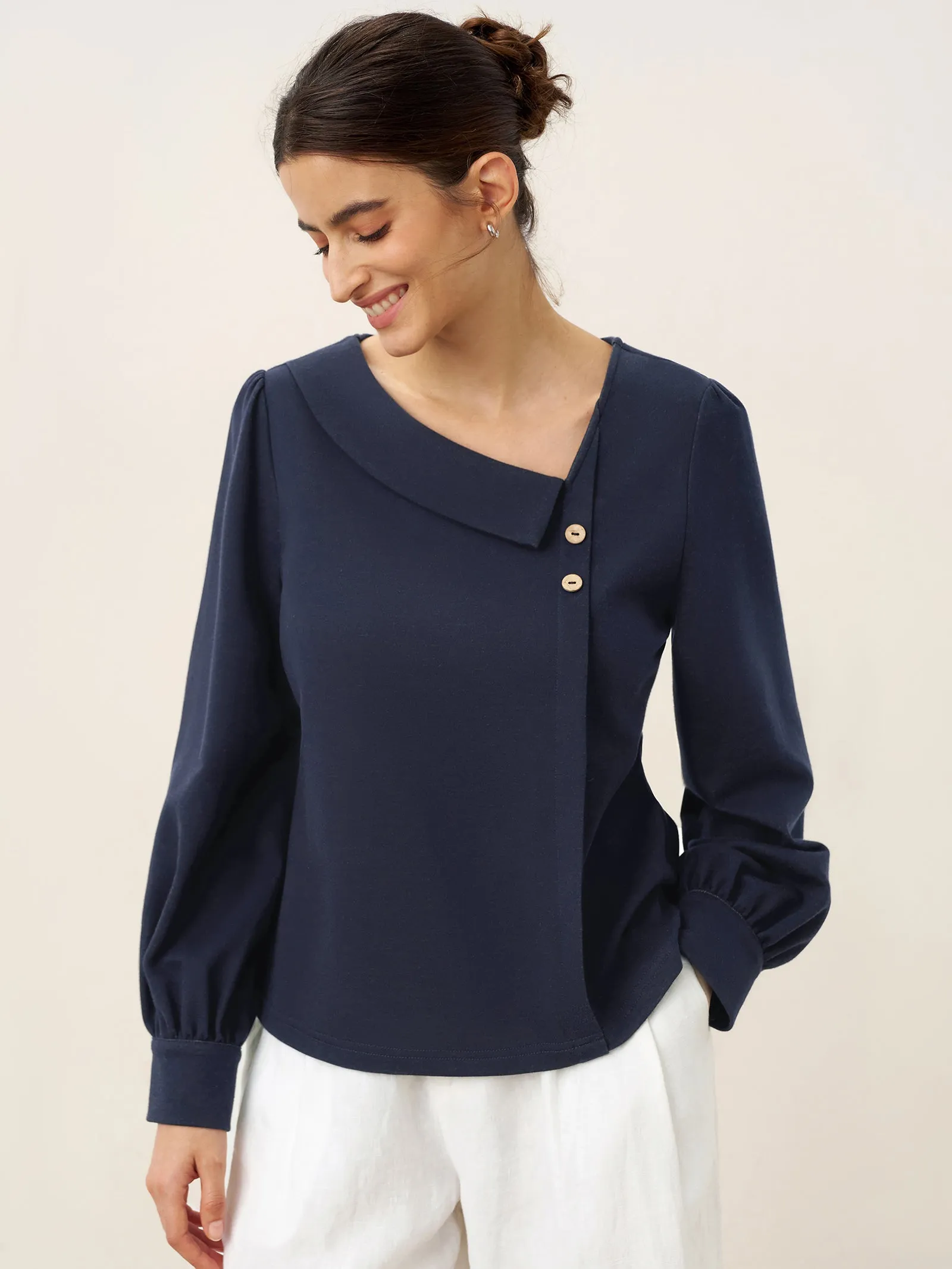 Cotton Crescent-Neck Button Top TAHNEE sold by Lintico