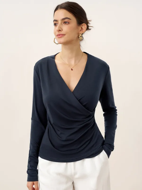 Wool Lyocell Asymmetric Ruched Overlap V-Neck Top TILLY sold by Lintico