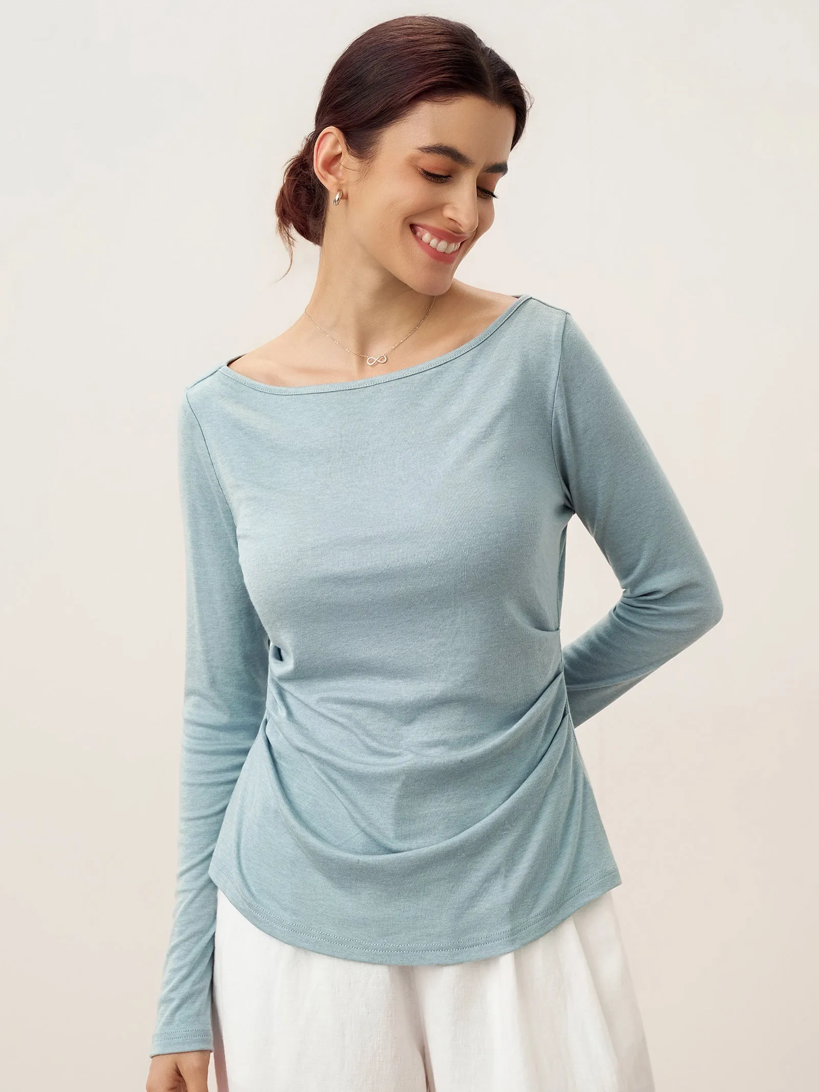 Wool Side Ruched Boat Neck Stretch Top VIVIEN sold by Lintico