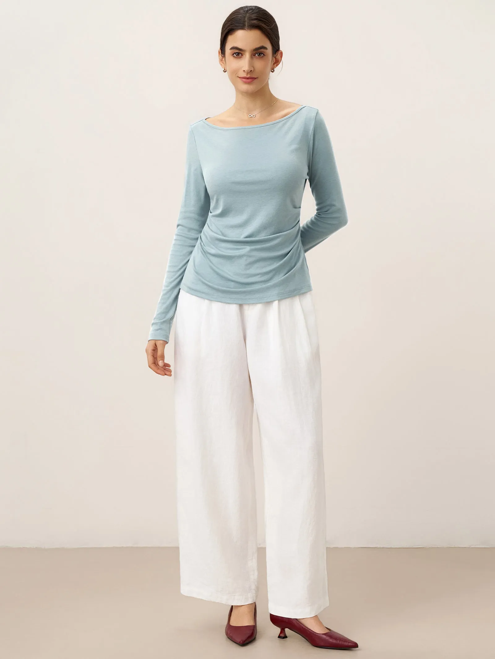 Wool Side Ruched Boat Neck Stretch Top VIVIEN sold by Lintico product image thumbnail 4