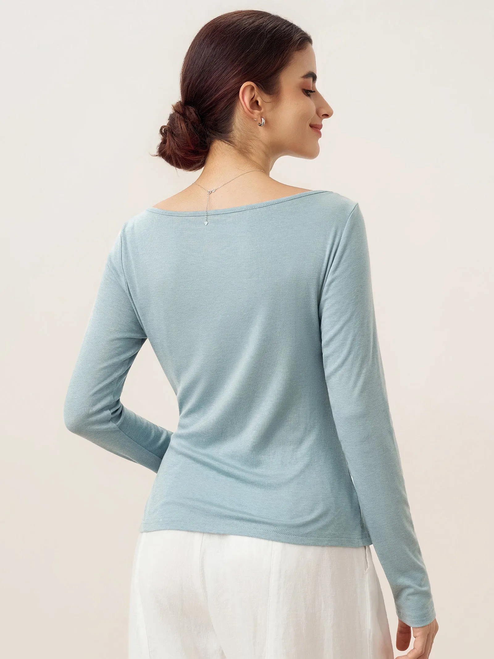 Wool Side Ruched Boat Neck Stretch Top VIVIEN sold by Lintico product image thumbnail 2