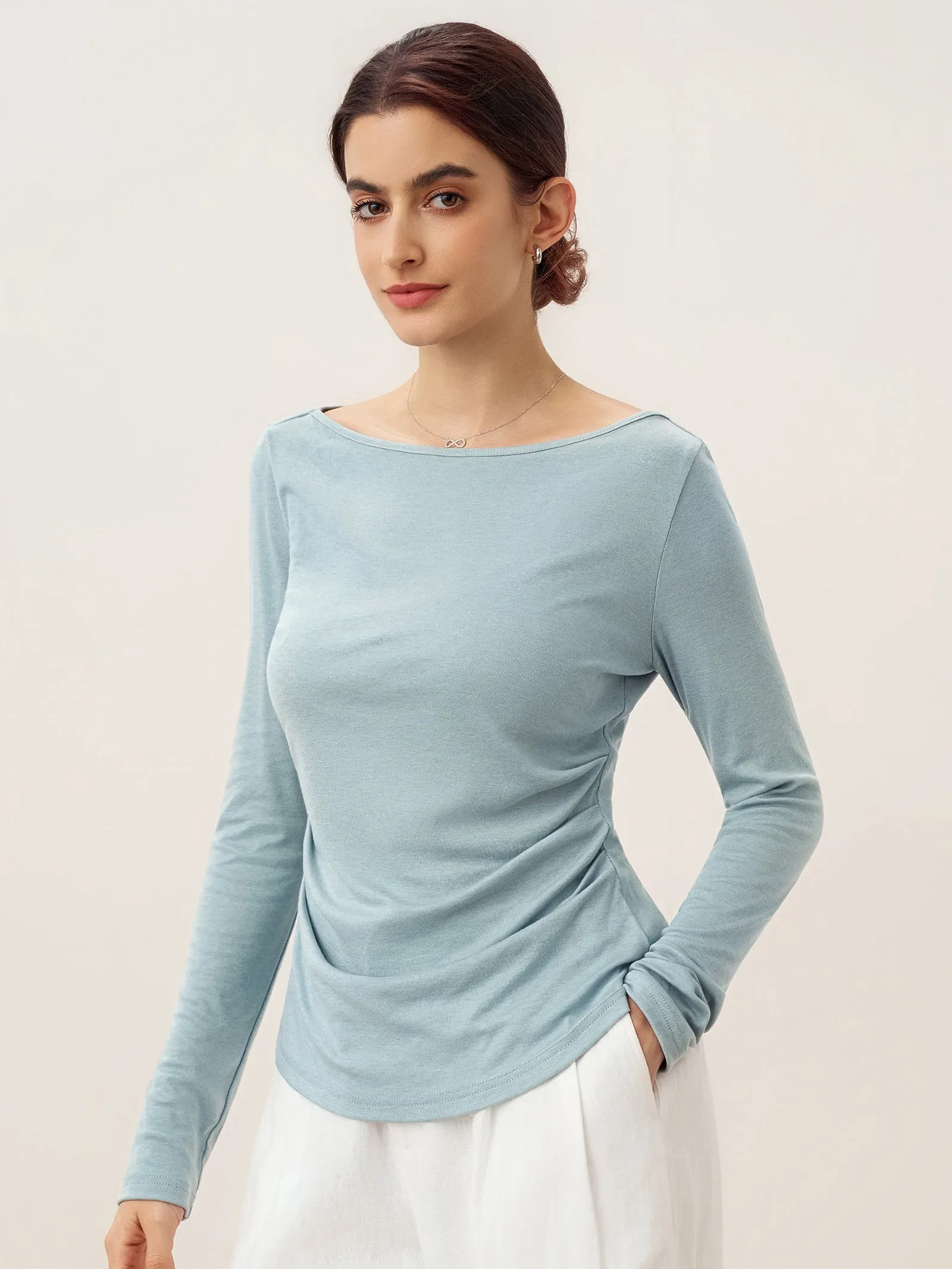 Wool Side Ruched Boat Neck Stretch Top VIVIEN sold by Lintico product image thumbnail 3