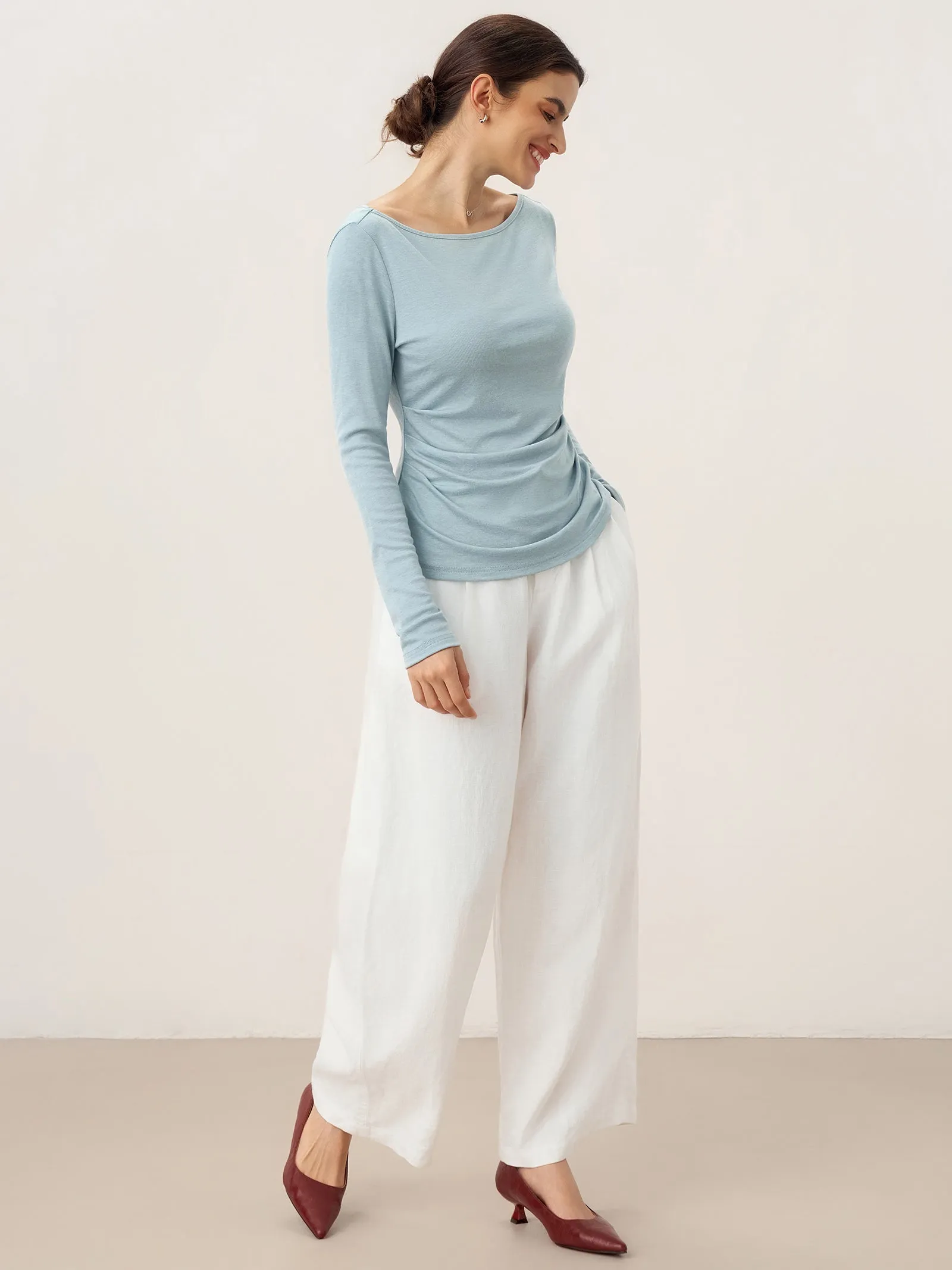 Wool Side Ruched Boat Neck Stretch Top VIVIEN sold by Lintico product image thumbnail 5