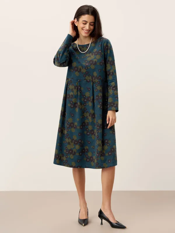 100% Organic Cotton Ruched Print Boat Neck Midi Dress CRESSIDA sold by Lintico