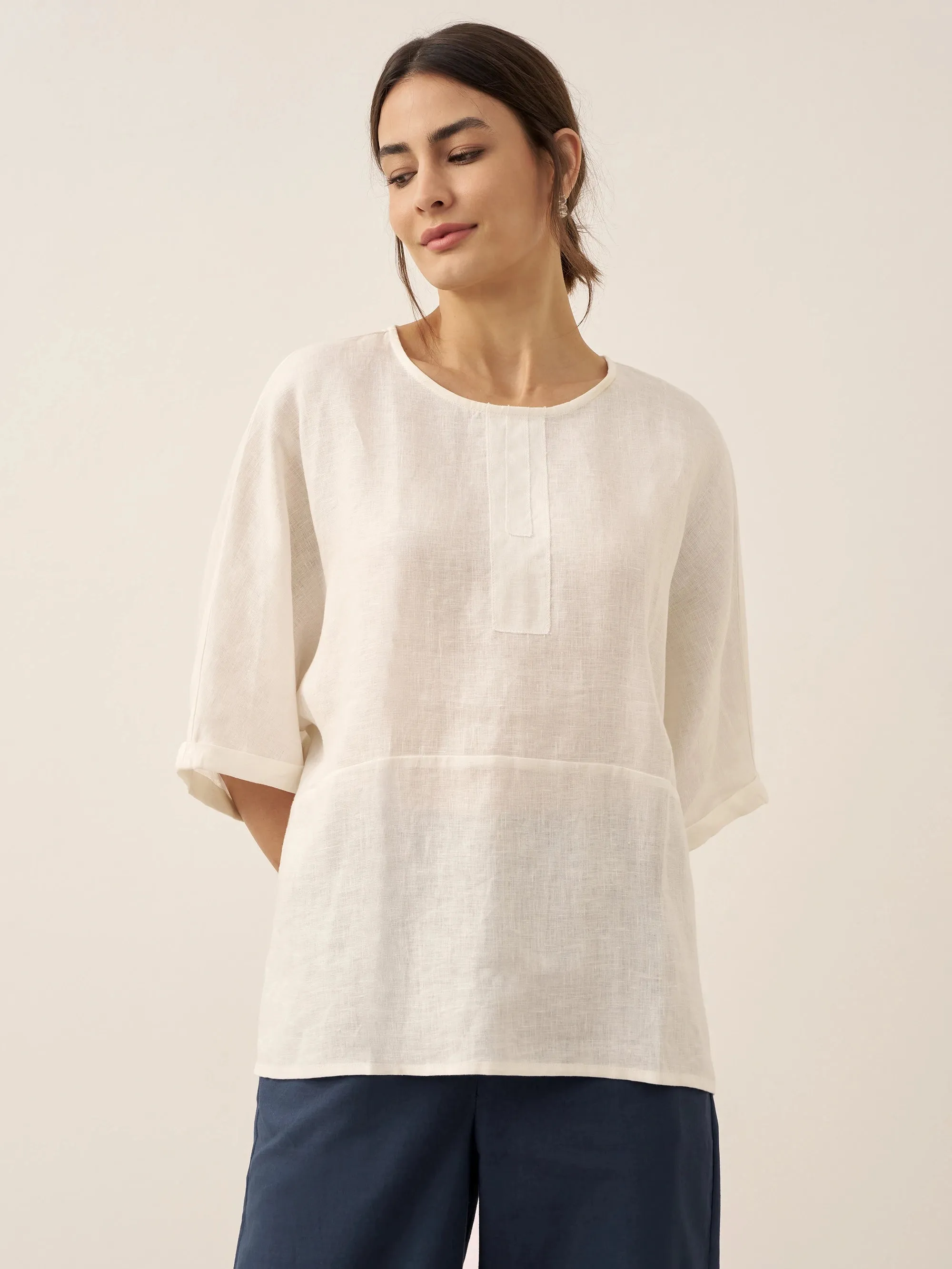 100% Linen Round Neck Mid-Sleeve Top ROBYN sold by Lintico