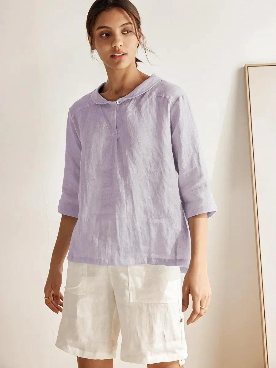 100% Linen Stripe Shawl V-Neck Half Sleeve Top sold by Lintico