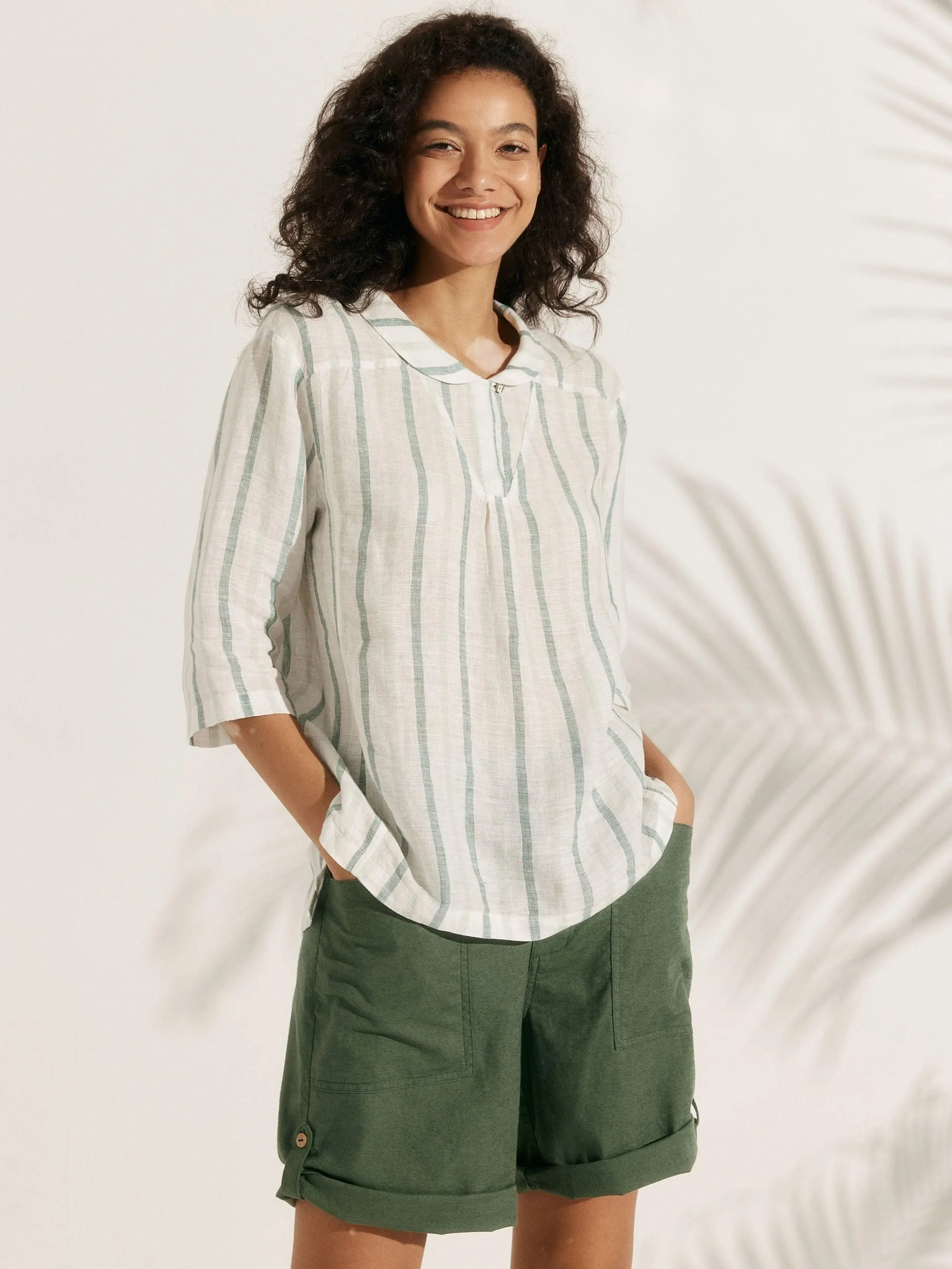 100% Linen Stripe Shawl V-Neck Half Sleeve Top sold by Lintico product image thumbnail 5