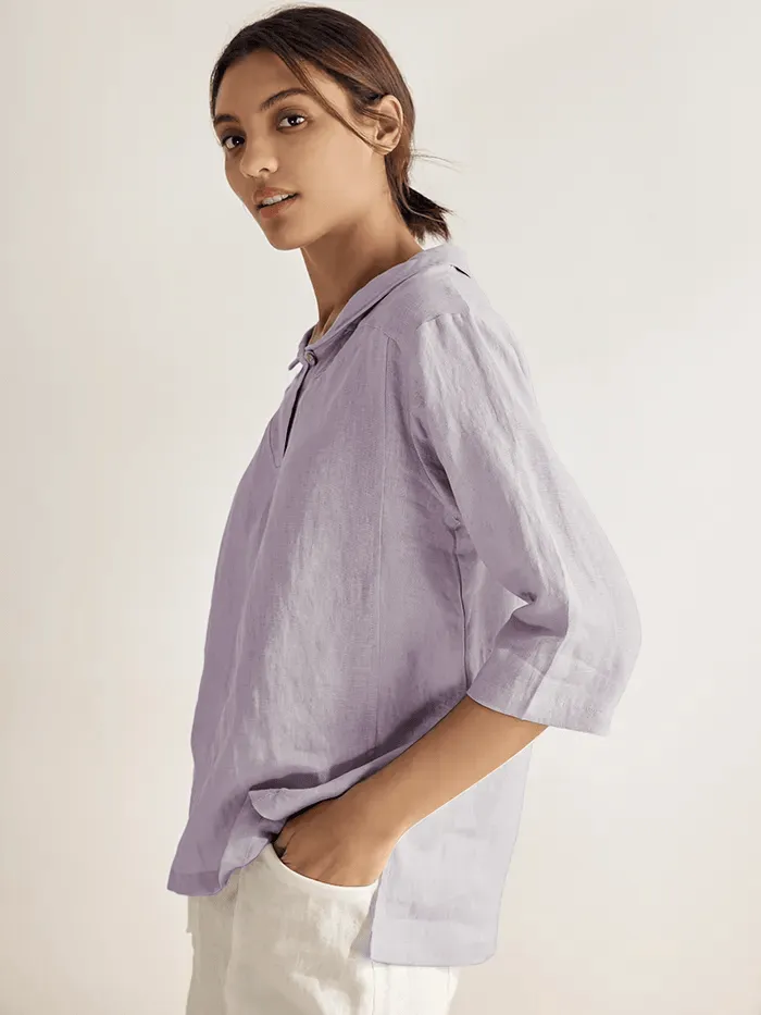 100% Linen Stripe Shawl V-Neck Half Sleeve Top sold by Lintico product image thumbnail 2