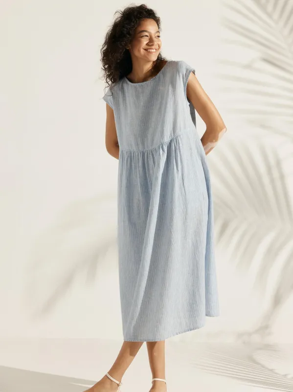 Linen Striped Cap Sleeve Washed Maxi Dress JOAN made by Lintico