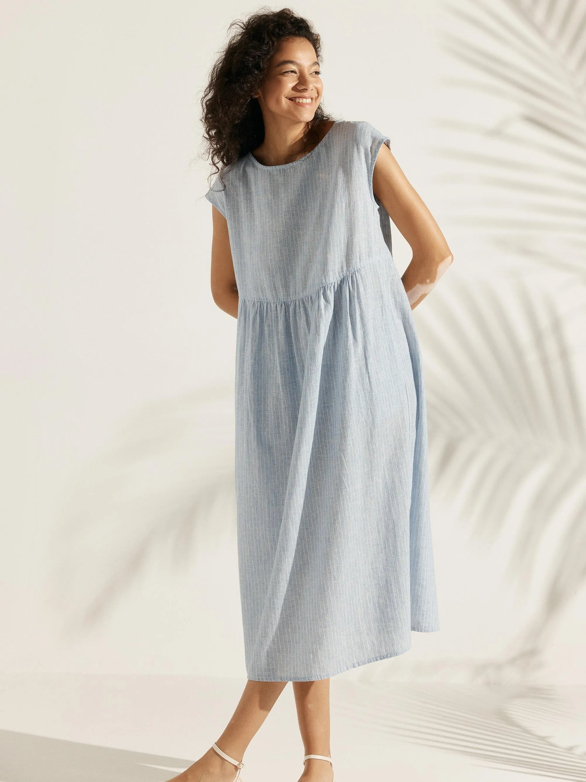 Linen Striped Cap Sleeve Washed Maxi Dress JOAN sold by Lintico